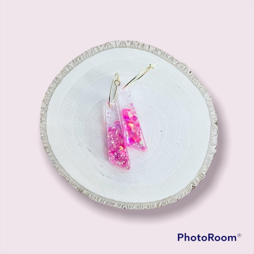 BOUTIQUE Resin Drop Earrings, Holographic Mixed Pink Chunky Glitter, Fun Hoops